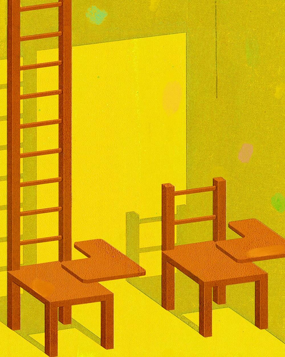 一张普通的课桌和一张有梯子作为背板的课桌的对比图. 说明教育成功的阶梯. 
